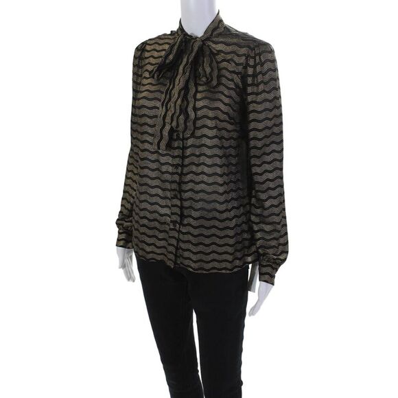 Michael Michael Kors Womens Striped Button Down Blouse Black Gold Size Small - Picture 2 of 6